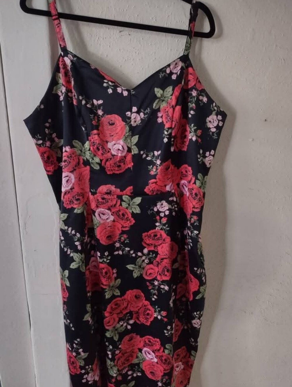 Floral Spaghetti Strap Dress in Black with Pink Roses